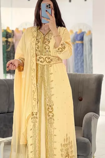 Pastel Yellow Hand-Embroidered Georgette Kaftan with Sequin & Bead Work
