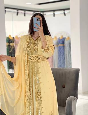 Pastel Yellow Hand-Embroidered Georgette Kaftan with Sequin & Bead Work 4