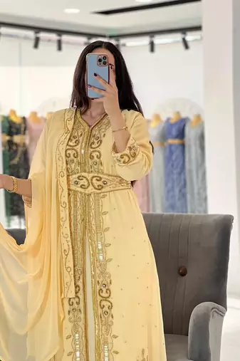 Pastel Yellow Hand-Embroidered Georgette Kaftan with Sequin & Bead Work