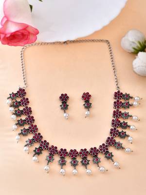 Oxidised Silver Toned Floral Red Necklace Set 6