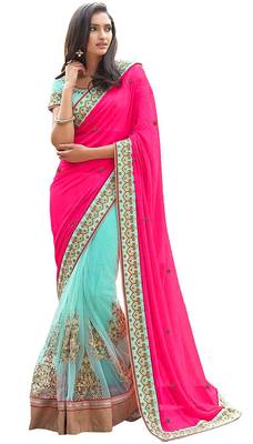 Rani Pink Georgette And Net Embriodered Saree With Embriodered Blouse Piece. 1