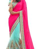 Rani Pink Georgette And Net Embriodered Saree With Embriodered Blouse Piece.