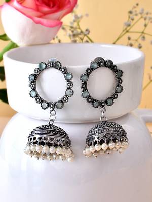 Oxidised Silver Mint stones Round shaped Jhumki Earrings 3