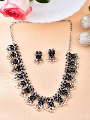 Oxidised Silver Plated Geometric design Black Stones Necklace Set 6