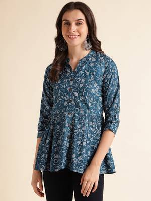 Fabclub rayon floral printed women tunic kurti (blue) 1