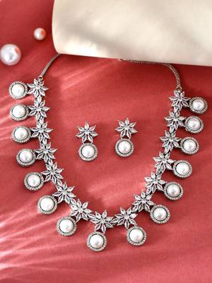 White brilliant cut american diamond jewellery set for women |  zircon necklace set rhodium plated for women & girls 6