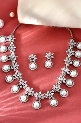 White brilliant cut american diamond jewellery set for women |  zircon necklace set rhodium plated for women & girls