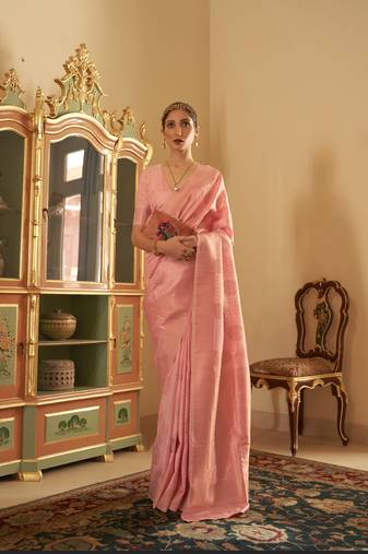 Kimisha women's peach silk woven saree with unstitched blouse piece