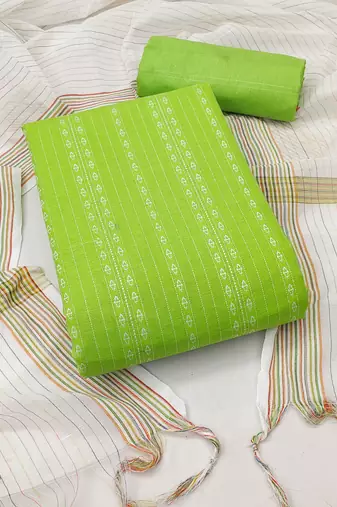 Women'S Parrot Green Cotton Jacquard Unstitched Dress Material
