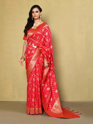 Elora silk blend banarasi woven designer saree for women (red) 1
