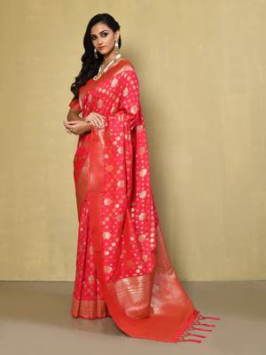 Elora silk blend banarasi woven designer saree for women (red) 2