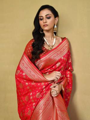 Elora silk blend banarasi woven designer saree for women (red) 3