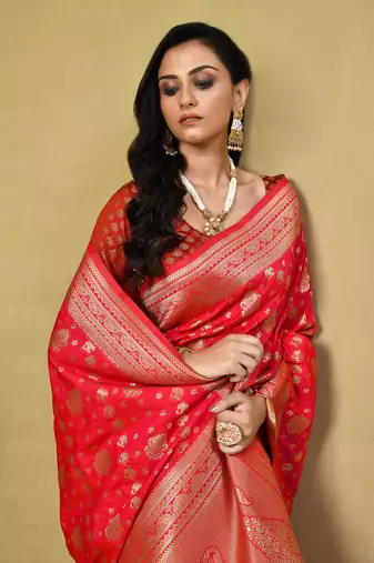 Elora silk blend banarasi woven designer saree for women (red)