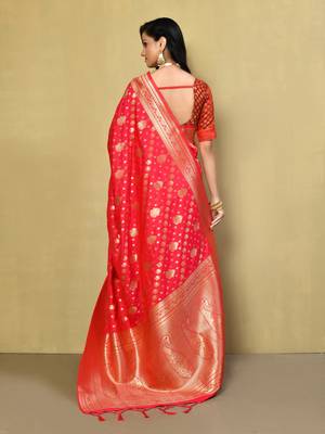 Elora silk blend banarasi woven designer saree for women (red) 4