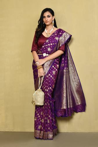 Elora silk blend banarasi woven designer saree for women (purple)