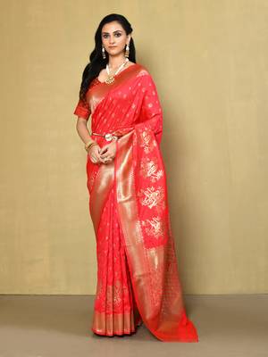 Elora silk blend banarasi woven designer saree for women (pink) 1
