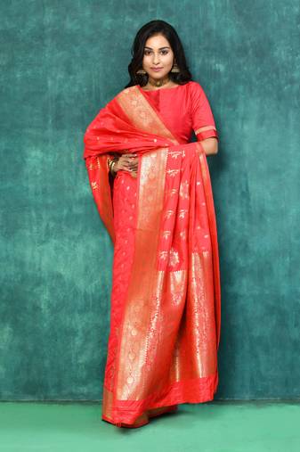 Elora silk blend banarasi woven designer saree for women (red)