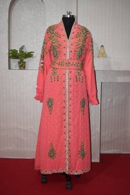 Peach Zari Stone Work Georgette Islamic Style Beads Embedded Partywear Kaftan Long Gown Evening wear Dubai kaftan 1