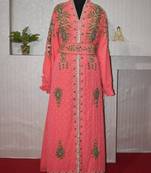 Peach color Zari Stone Work Georgette Islamic Style Beads Embedded Partywear Kaftan Long Gown Evening wear Dubai kaftan