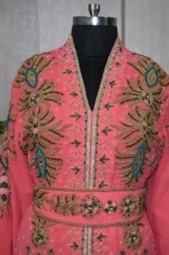 Peach Zari Stone Work Georgette Islamic Style Beads Embedded Partywear Kaftan Long Gown Evening wear Dubai kaftan