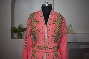 Peach Zari Stone Work Georgette Islamic Style Beads Embedded Partywear Kaftan Long Gown Evening wear Dubai kaftan 3