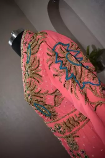 Peach Zari Stone Work Georgette Islamic Style Beads Embedded Partywear Kaftan Long Gown Evening wear Dubai kaftan