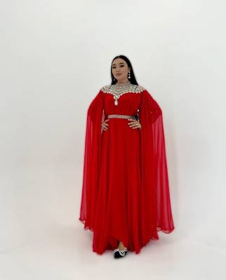 Red Zari Stone Work Georgette Islamic Style Beads Embedded Partywear Kaftan Long Gown Evening wear Dubai kaftan 1