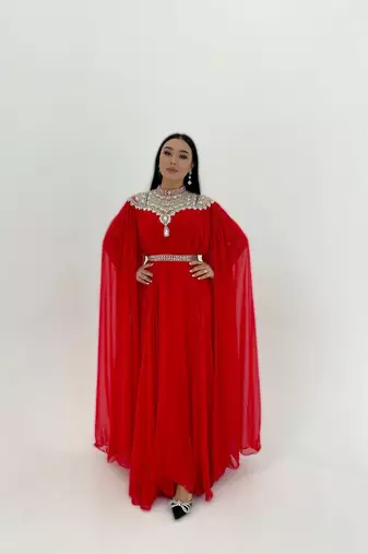 Red Zari Stone Work Georgette Islamic Style Beads Embedded Partywear Kaftan Long Gown Evening wear Dubai kaftan