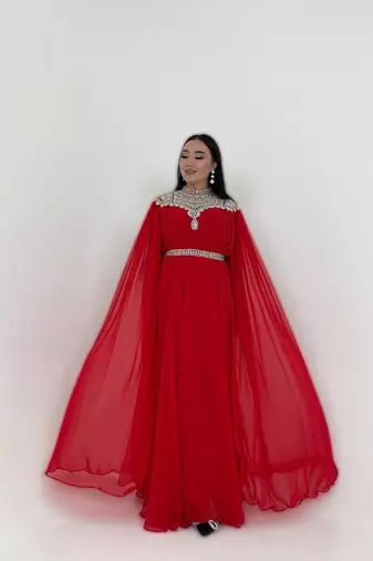 Red Zari Stone Work Georgette Islamic Style Beads Embedded Partywear Kaftan Long Gown Evening wear Dubai kaftan