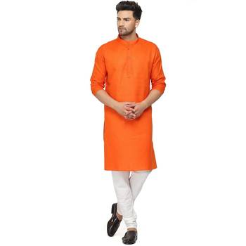 Textile cloth men's orange color cotton kurta payjama set 1