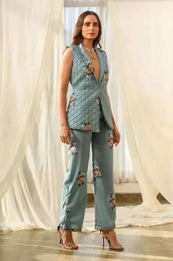 Dusty teal quilted pant suit
