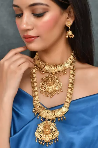 Gold plated heavy long temple jewellery set