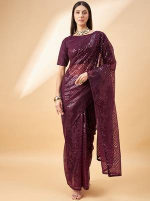 Purple Georgette Sequence Embroidered Saree With Unstiched Blouse Piece 1