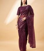 Purple Georgette Sequence Embroidered Saree With Unstiched Blouse Piece