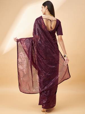 Purple Georgette Sequence Embroidered Saree With Unstiched Blouse Piece 2