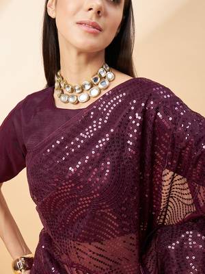 Purple Georgette Sequence Embroidered Saree With Unstiched Blouse Piece 3