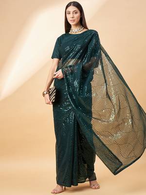 Green Georgette Sequence Embroidered Saree With Unstiched Blouse Piece 1