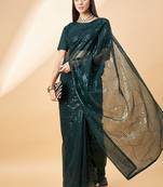 Green Georgette Sequence Embroidered Saree With Unstiched Blouse Piece