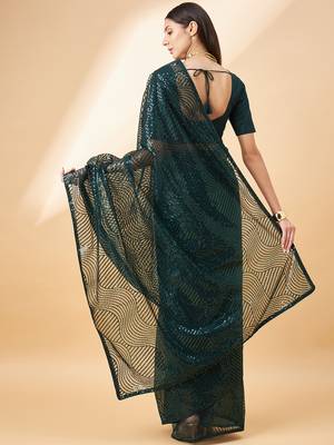 Green Georgette Sequence Embroidered Saree With Unstiched Blouse Piece 2