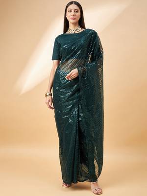 Green Georgette Sequence Embroidered Saree With Unstiched Blouse Piece 3