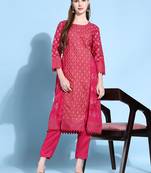 Women's Gold And Pigment Printed Cotton Kurta And Pant Set (Rani) (MAK29BUTTI)