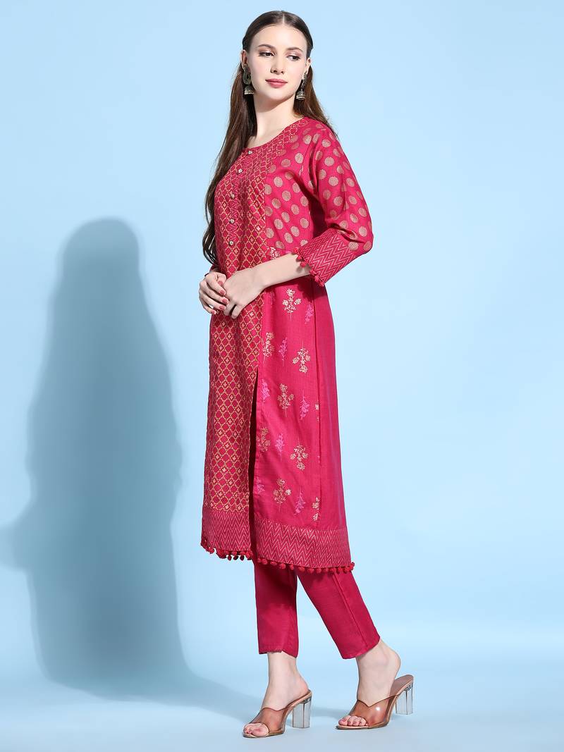 Women's Gold And Pigment Printed Cotton Kurta And Pant Set (Rani) (MAK29BUTTI)