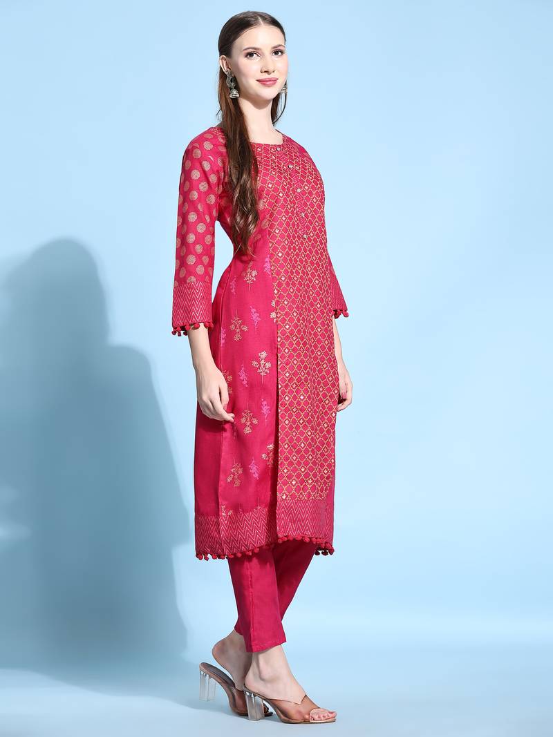 Women's Gold And Pigment Printed Cotton Kurta And Pant Set (Rani) (MAK29BUTTI)