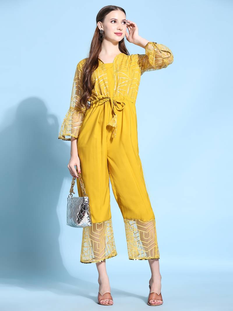 Women   s Printed Net Fabric Ankle Length Jumpsuit (Yellow) (MAT15)