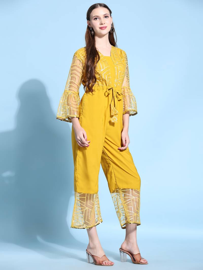 Women   s Printed Net Fabric Ankle Length Jumpsuit (Yellow) (MAT15)