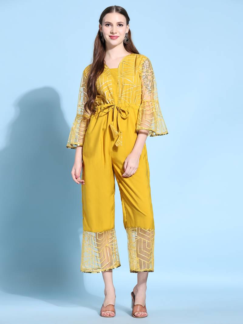 Women   s Printed Net Fabric Ankle Length Jumpsuit (Yellow) (MAT15)