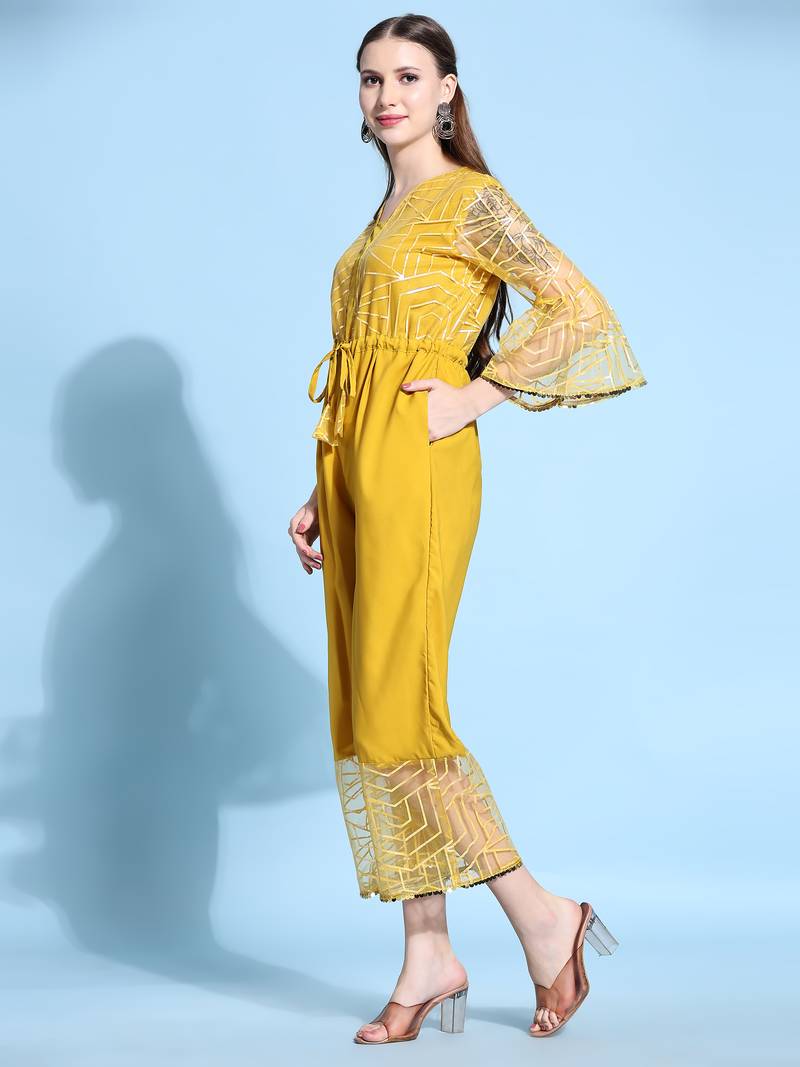Women   s Printed Net Fabric Ankle Length Jumpsuit (Yellow) (MAT15)