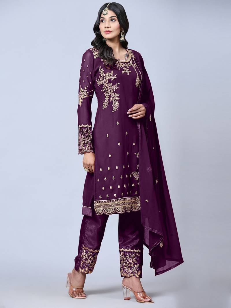 Purple Faux_Georgette Designer Heavy Traditional Wear Salwar