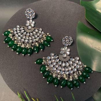 Navratri Ethnic Stylish Silver Oxidised Kundan Pearl Chandbali Earrings For Women And Girls  1