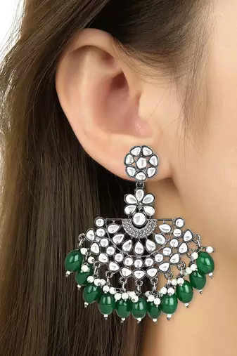 Navratri Ethnic Stylish Silver Oxidised Kundan Pearl Chandbali Earrings For Women And Girls 
